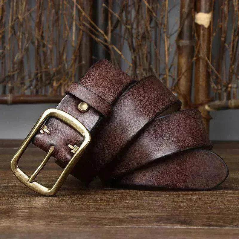 Men's Cowhide Vintage Distressed Pleated Brass Buckle Belt - www.Shopthatapp.com