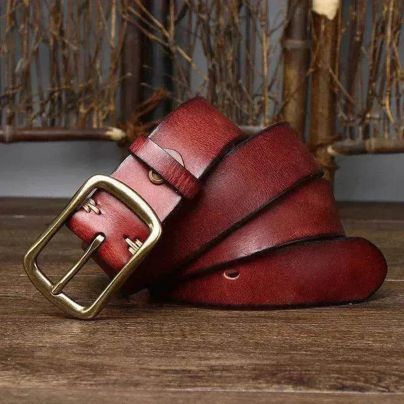 Men's Cowhide Vintage Distressed Pleated Brass Buckle Belt - www.Shopthatapp.com