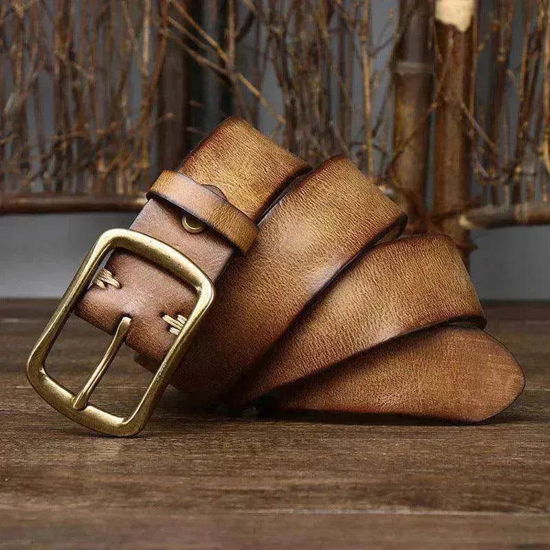 Men's Cowhide Vintage Distressed Pleated Brass Buckle Belt - www.Shopthatapp.com