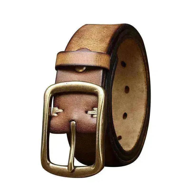 Men's Cowhide Vintage Distressed Pleated Brass Buckle Belt - www.Shopthatapp.com