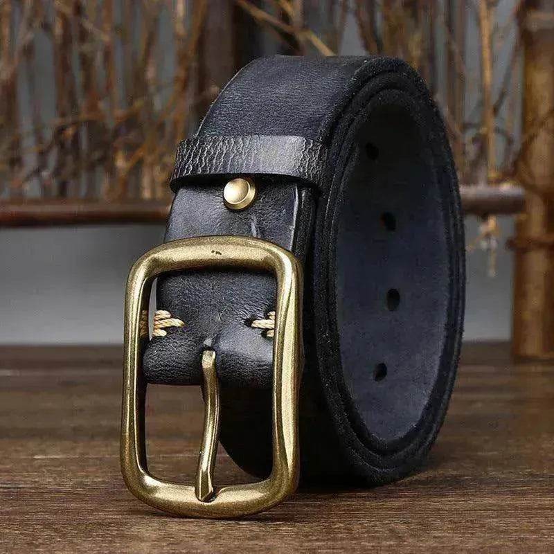 Men's Cowhide Vintage Distressed Pleated Brass Buckle Belt - www.Shopthatapp.com