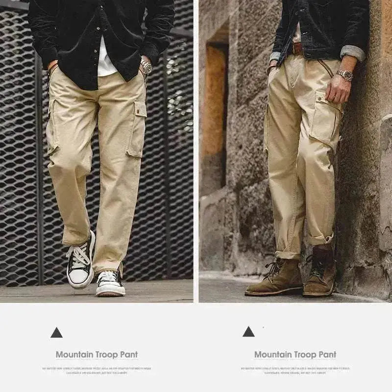 Men's Retro Khaki Tapered Mountain Army Pocket Zipper Casual Pants - www.Shopthatapp.com
