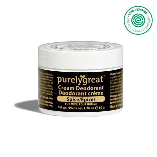 Spice Cream Deodorant for Men by PurelyGreat in a jar, all-natural and EWG verified, offering long-lasting odor protection.