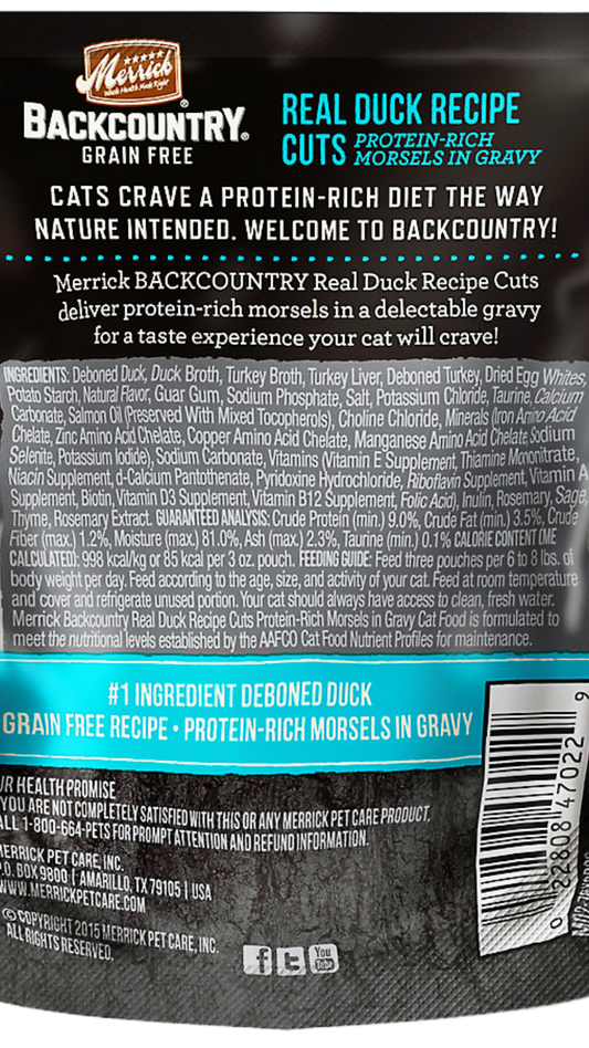 Merrick Backcountry Grain Free Real Duck Recipe Cuts - Cat Wet Food (3 oz) - www.Shopthatapp.com