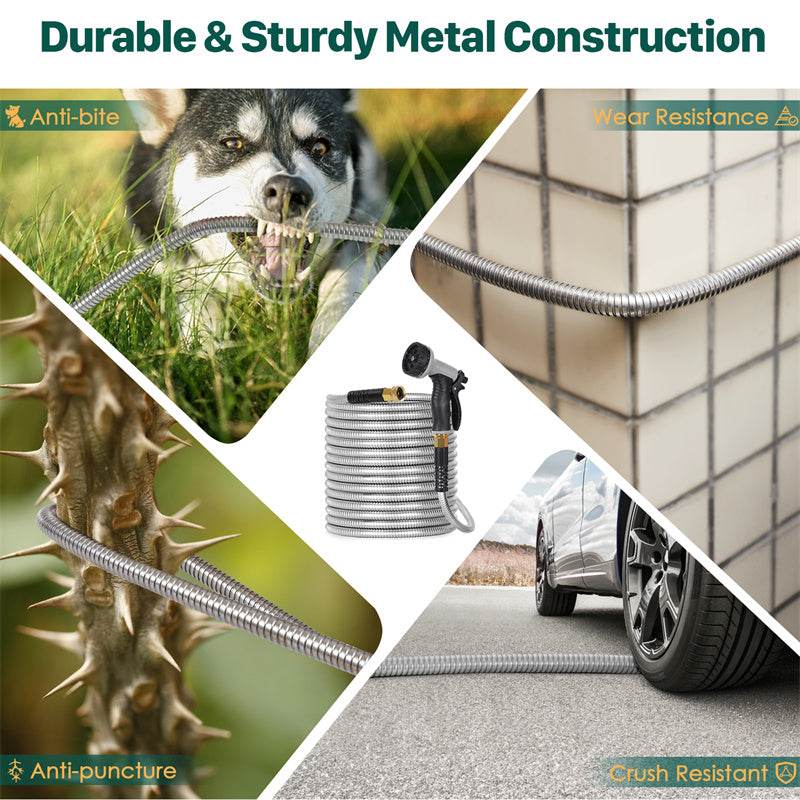 Metal Garden Hose, 100ft Stainless Steel Flexible Water Hose With 10 Adjustable Patterns Spray Nozzle, Heavy Duty Water Pipe , Kink Free , 2 Nozzles - www.Shopthatapp.com #