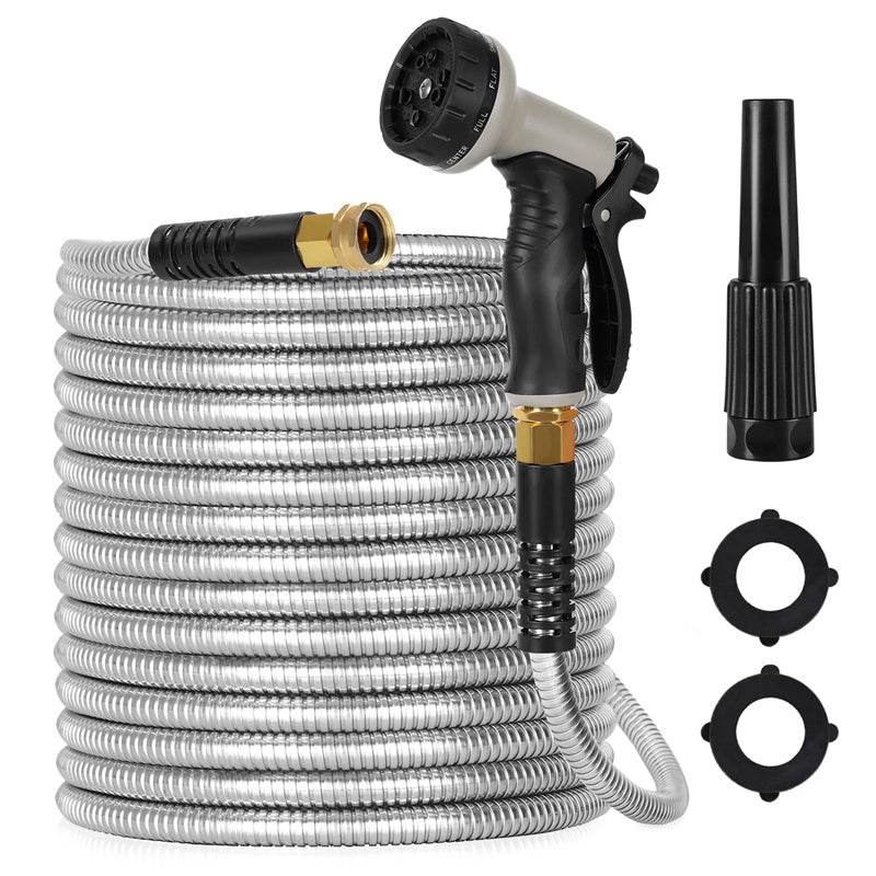Metal Garden Hose, 100ft Stainless Steel Flexible Water Hose With 10 Adjustable Patterns Spray Nozzle, Heavy Duty Water Pipe , Kink Free , 2 Nozzles - www.Shopthatapp.com #