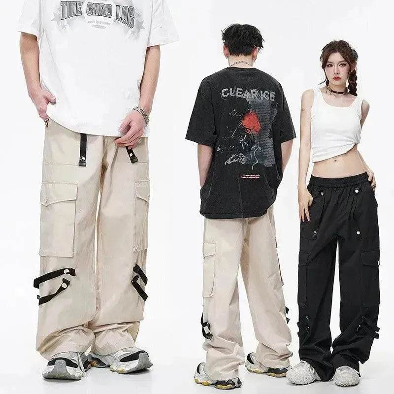 Metal Snap Fastener Detachable Webbing Multi-pocket Wide Leg Straight Overalls - www.Shopthatapp.com #
