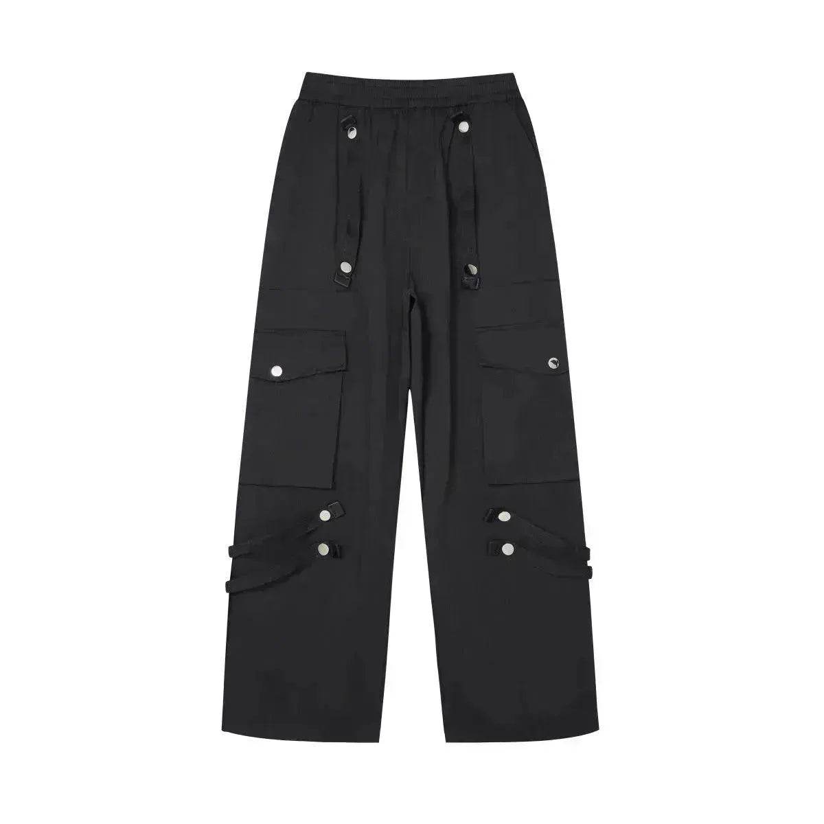 Metal Snap Fastener Detachable Webbing Multi-pocket Wide Leg Straight Overalls - www.Shopthatapp.com #