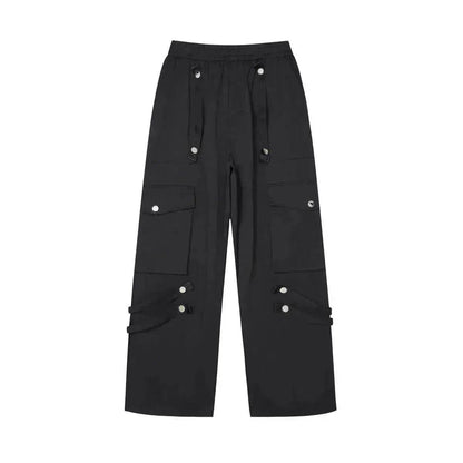 Metal Snap Fastener Detachable Webbing Multi-pocket Wide Leg Straight Overalls - www.Shopthatapp.com #