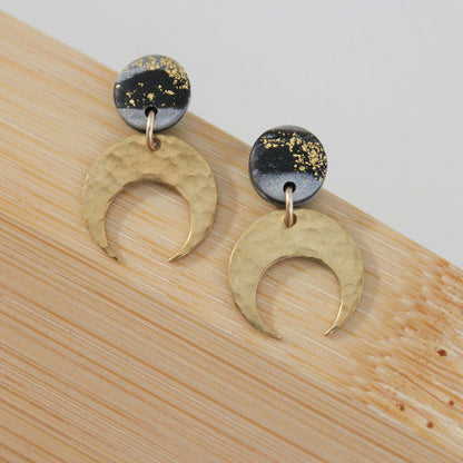 Mini Luna - Black, silver and gold Polymer Clay with Brass dangles - www.Shopthatapp.com