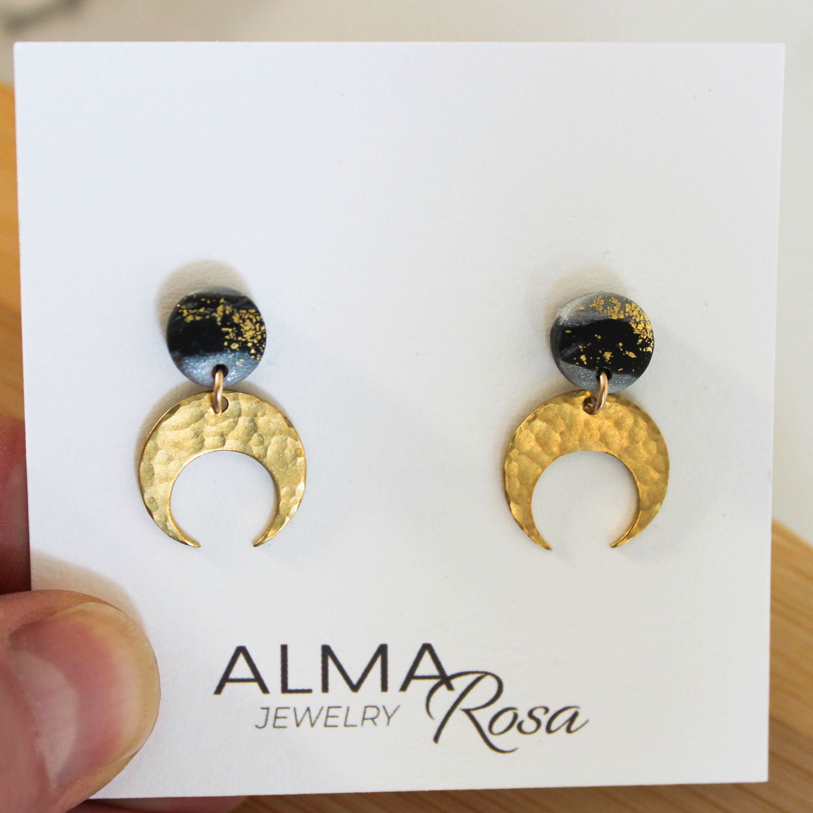 Mini Luna - Black, silver and gold Polymer Clay with Brass dangles - www.Shopthatapp.com