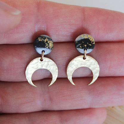 Mini Luna - Black, silver and gold Polymer Clay with Brass dangles - www.Shopthatapp.com