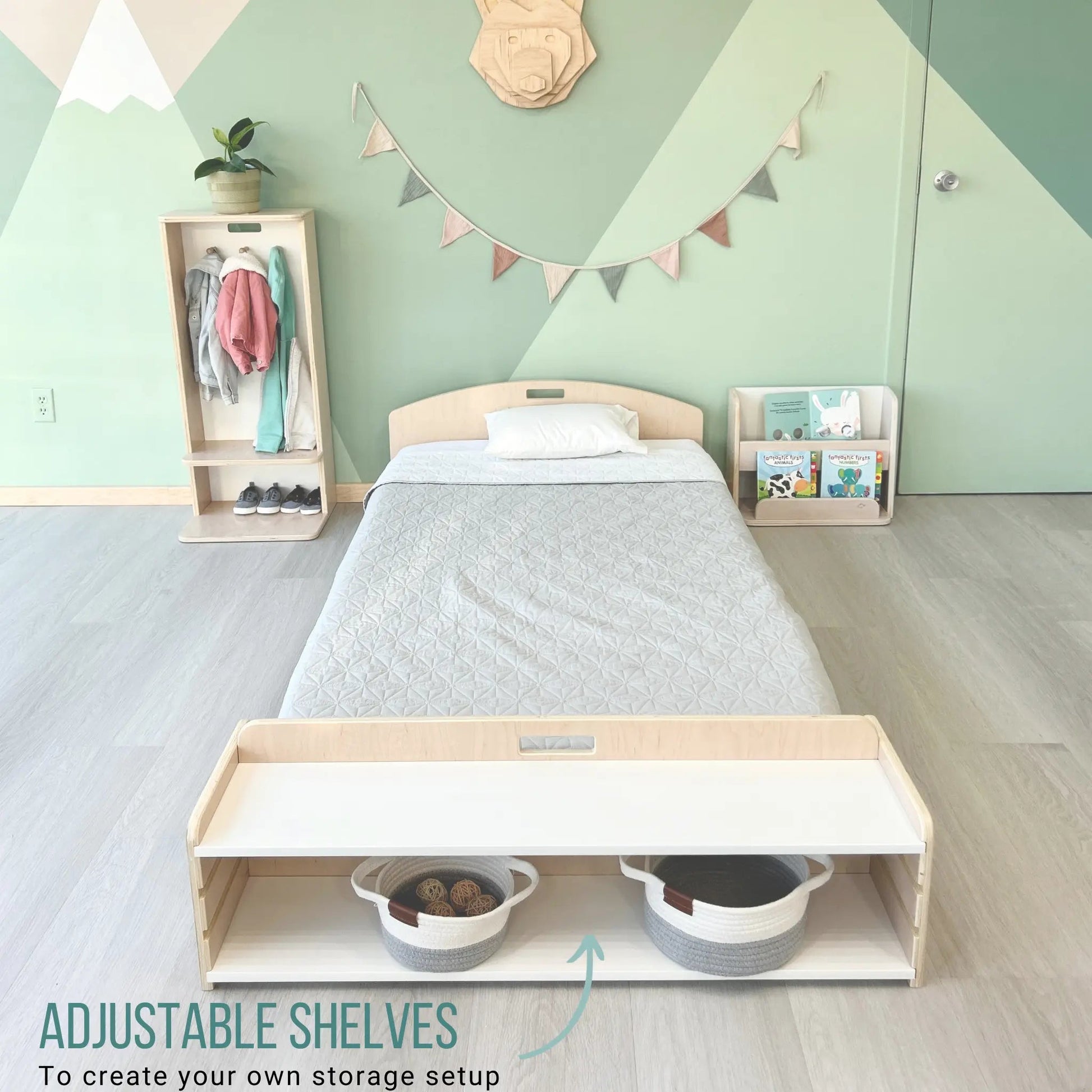 CHERRY TWIN - Montessori Floor Bed with Shelves - www.Shopthatapp.com