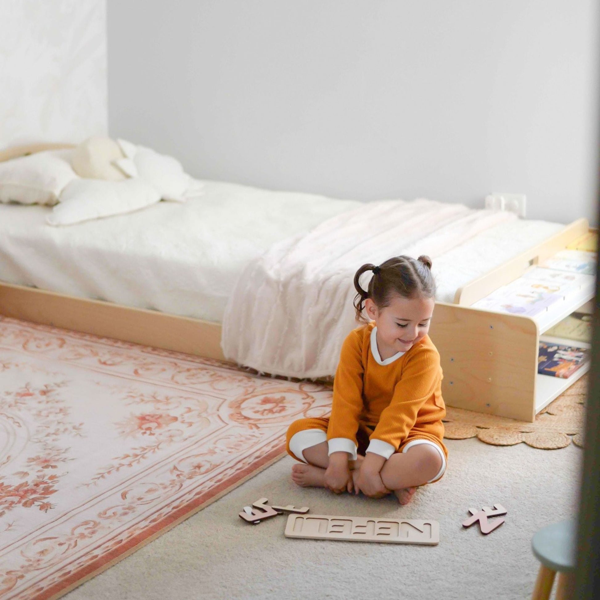 CHERRY TWIN - Montessori Floor Bed with Shelves - www.Shopthatapp.com