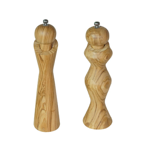 Ensemble de moulins à sel et à poivre en bois d'olivier - Formes corporelles sculptées 
