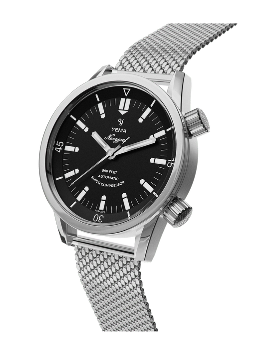 Montre YEMA Navygraf Super Compressor, cadran noir, bracelet en maille d'acier | YNAV24SC-AMS