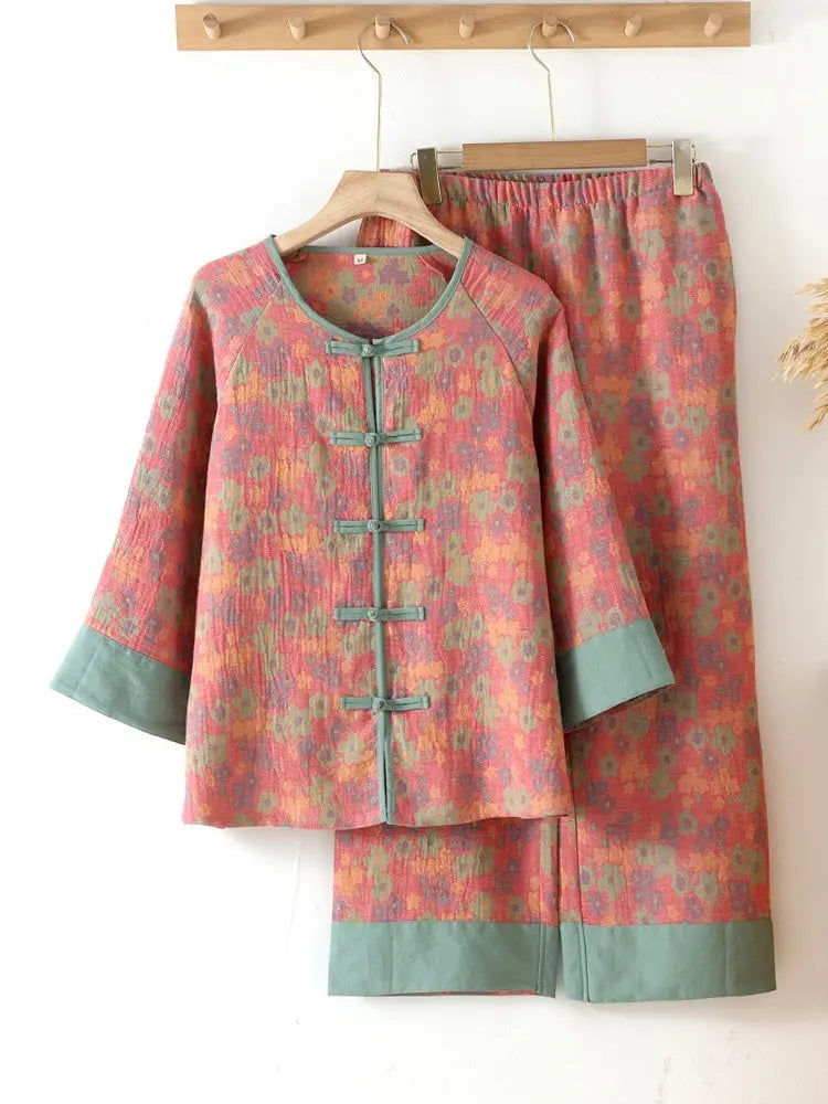 New Chinese Style Double Pure Cotton Gauze Pajamas For Women Spring Autumn Set - www.Shopthatapp.com