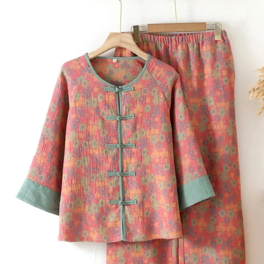 New Chinese Style Double Pure Cotton Gauze Pajamas For Women Spring Autumn Set - www.Shopthatapp.com #