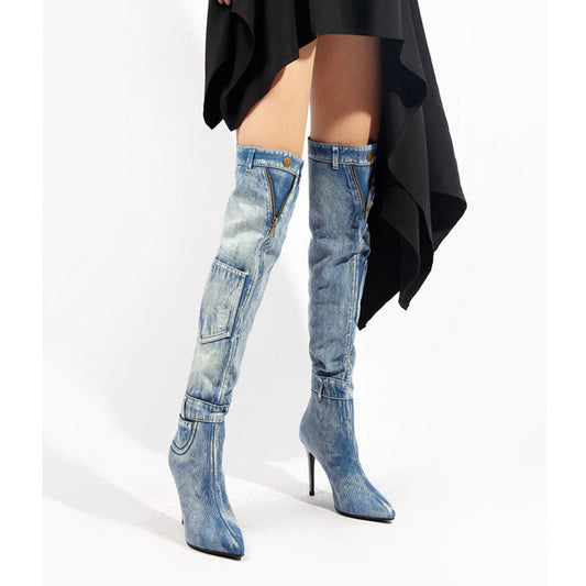 New Denim Over The Knee Elegant Slim Heel High Heel Riding Boots - www.Shopthatapp.com