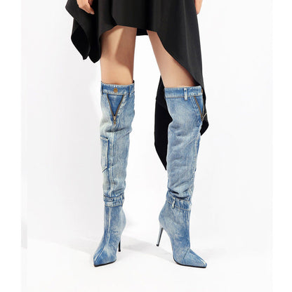 New Denim Over The Knee Elegant Slim Heel High Heel Riding Boots - www.Shopthatapp.com