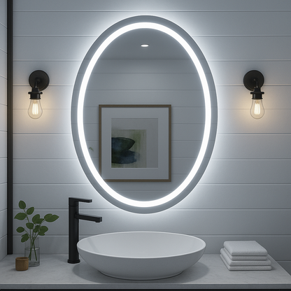 Noir Éclipse Oval LED Bathroom Mirror — Front Glow Frosted Ring + Back-Lit Halo, Dimmable, Anti-Fog & Memory (3000K/4000K/5000K) | 24"×32" or 30"×36" | CE & ETL Certified - www.Shopthatapp.com #