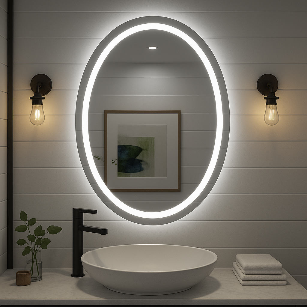 Noir Éclipse Oval LED Bathroom Mirror — Front Glow Frosted Ring + Back-Lit Halo, Dimmable, Anti-Fog & Memory (3000K/4000K/5000K) | 24"×32" or 30"×36" | CE & ETL Certified - www.Shopthatapp.com #