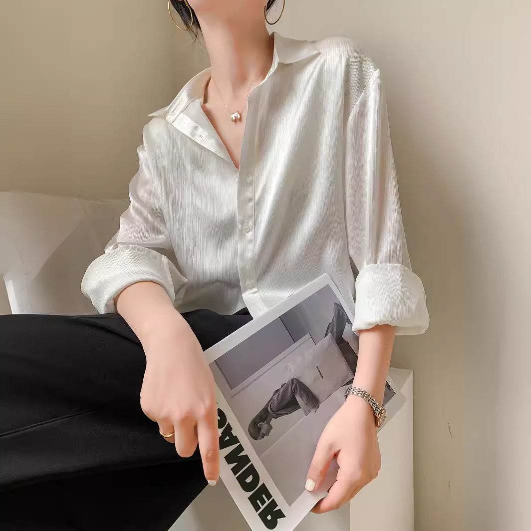 White Texture Long sleeve button Satin Shirt For Work business office - www.Shopthatapp.com