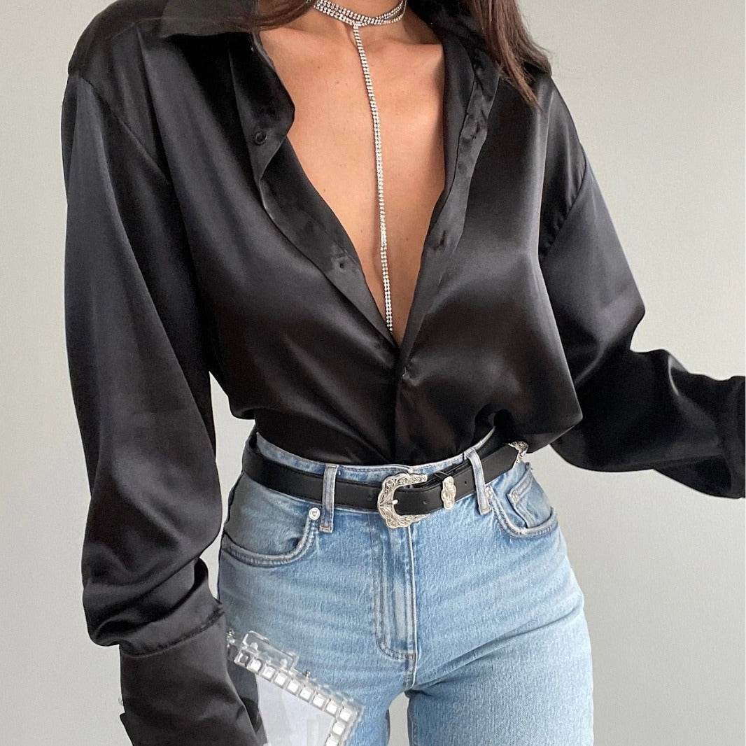 Single-breasted Long Sleeve Lapel Satin Blouse Shirt for work business office - www.Shopthatapp.com