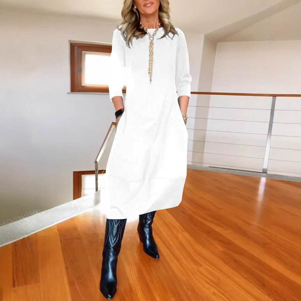Autumn And Winter New All-matching Solid Color Loose Round-neck Long-sleeved Dress Women - www.Shopthatapp.com