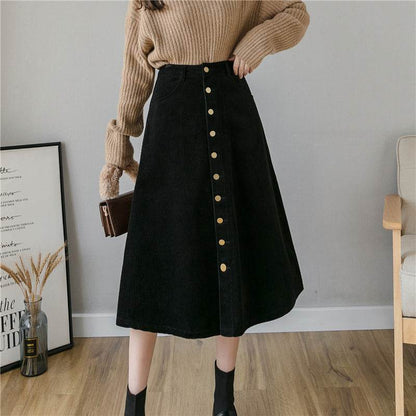 Retro Button A-line Fashion flared Corduroy Midi Skirt - www.Shopthatapp.com