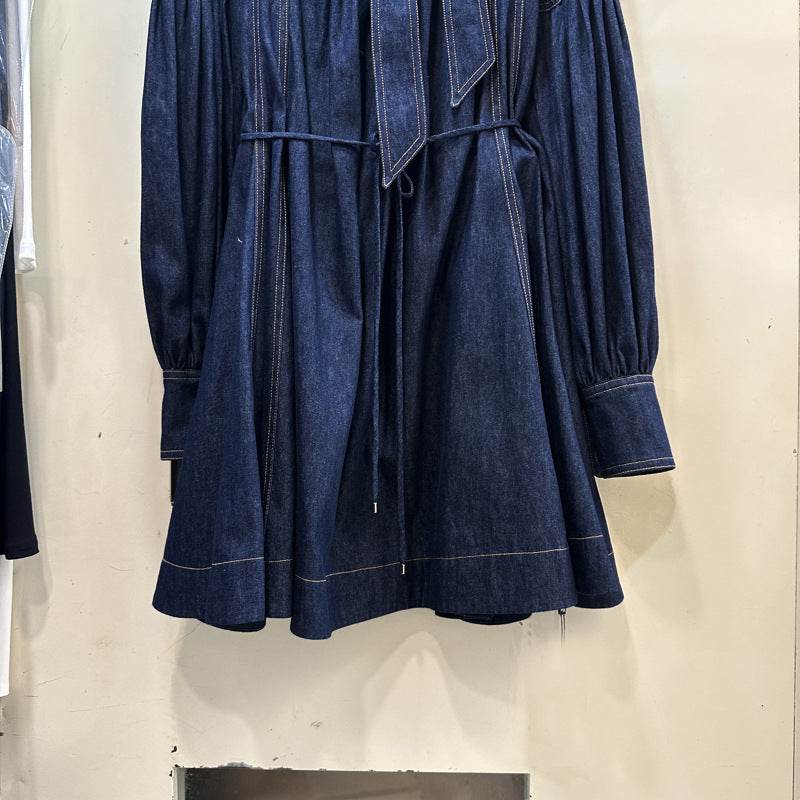 Women's Lace-up Bow Stand-up Collar Puff Sleeve Denim Dress - www.Shopthatapp.com