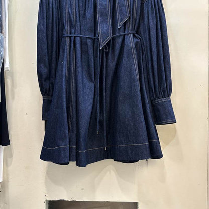 Women's Lace-up Bow Stand-up Collar Puff Sleeve Denim Dress - www.Shopthatapp.com