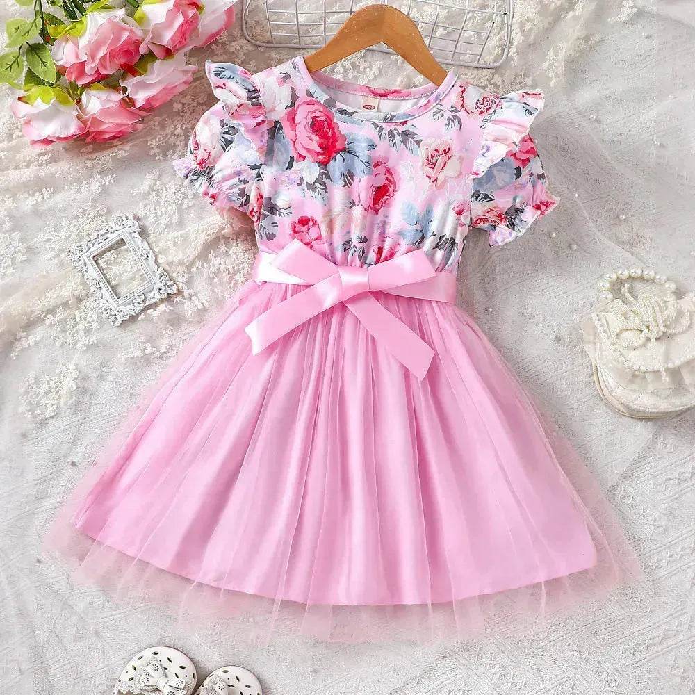 Girls Puff Sleeve Flower Printed Mesh Dress Baby girl dress gown - www.Shopthatapp.com
