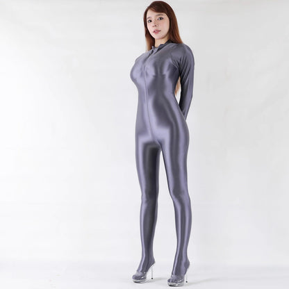 Front Zipper Spandex Nylon Full Bodysuit Zentai Shinny Jumpsuit with Triple-Zipper - www.Shopthatapp.com