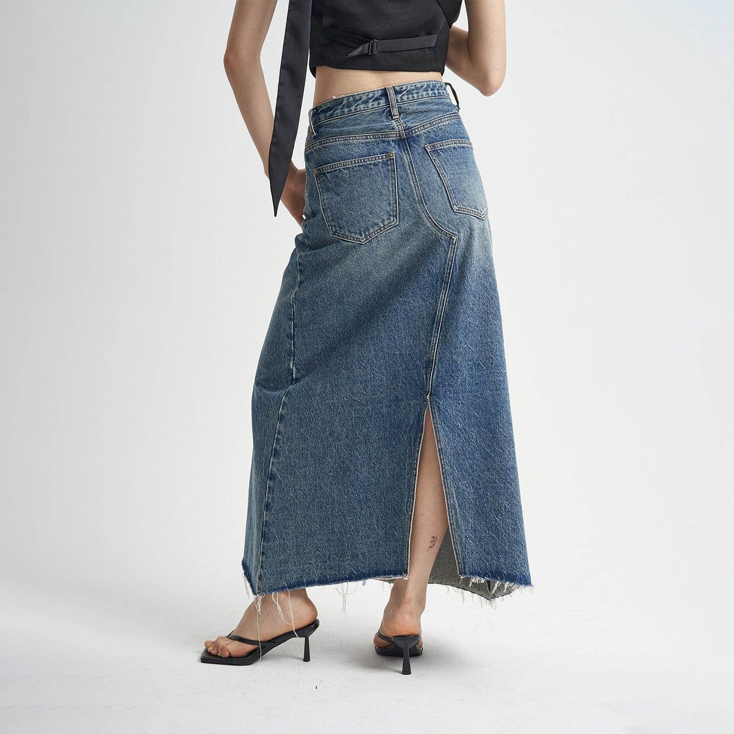 Washed Denim Front Split High-grade Jeans Skirt - www.Shopthatapp.com