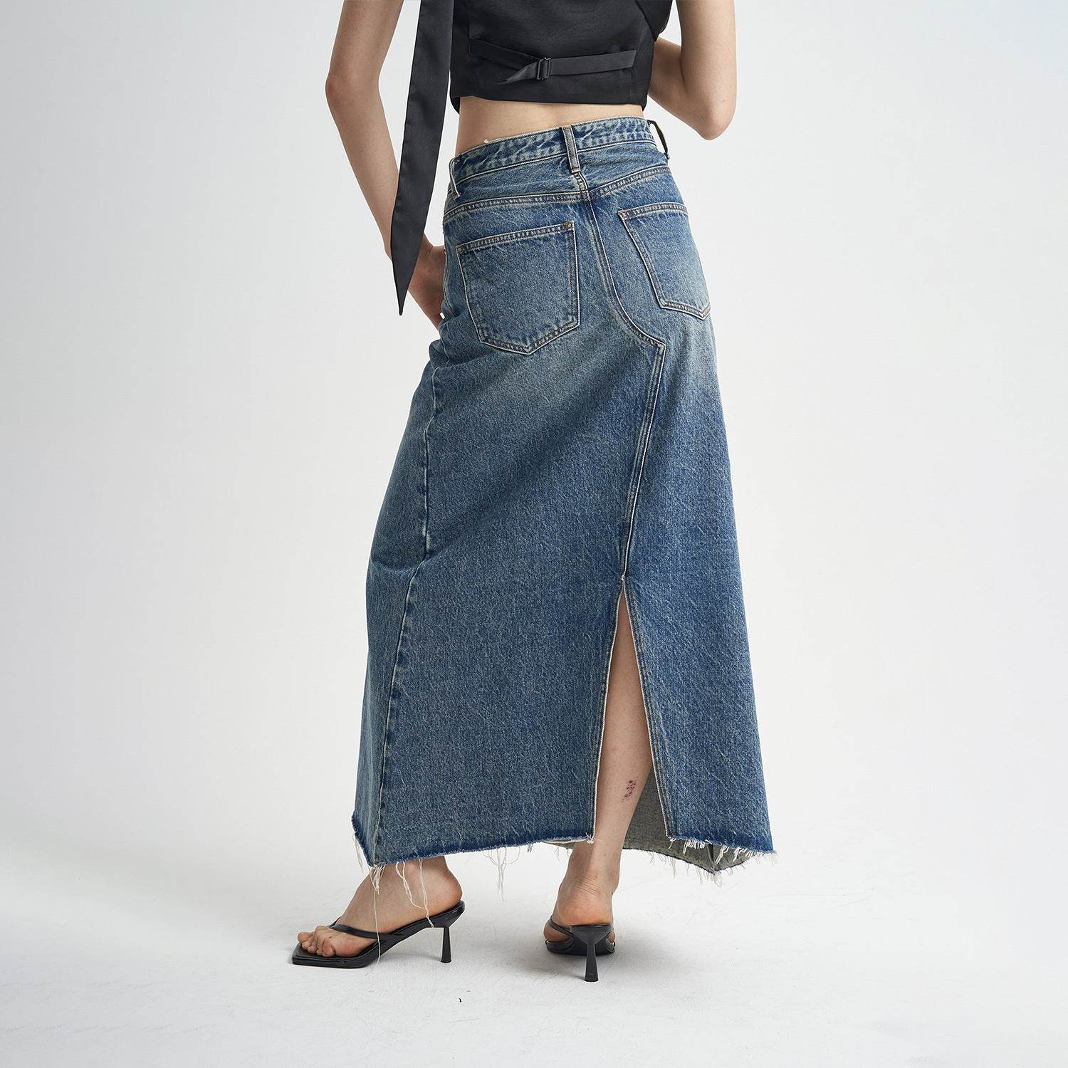 Washed Denim Front Split High-grade Jeans Skirt - www.Shopthatapp.com