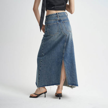 Washed Denim Front Split High-grade Jeans Skirt - www.Shopthatapp.com