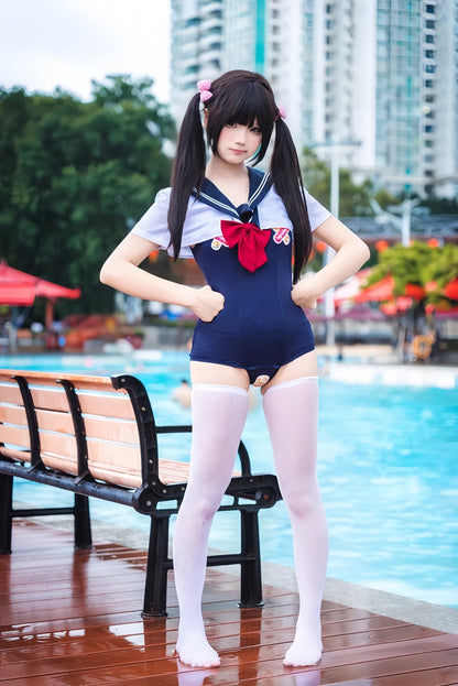 Japanese Anime Sailor Style Two-Piece Uniform Swimsuit Set with Bandage Design - www.Shopthatapp.com