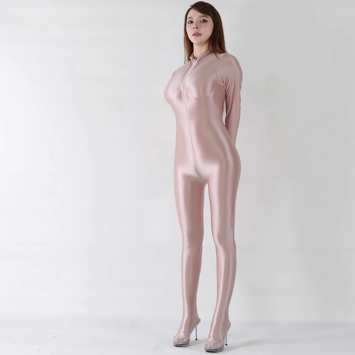 Front Zipper Spandex Nylon Full Bodysuit Zentai Shinny Jumpsuit with Triple-Zipper - www.Shopthatapp.com