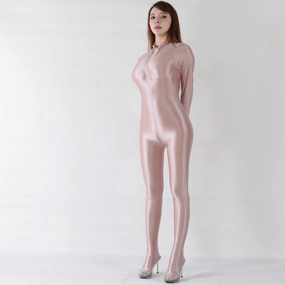 Front Zipper Spandex Nylon Full Bodysuit Zentai Shinny Jumpsuit with Triple-Zipper - www.Shopthatapp.com