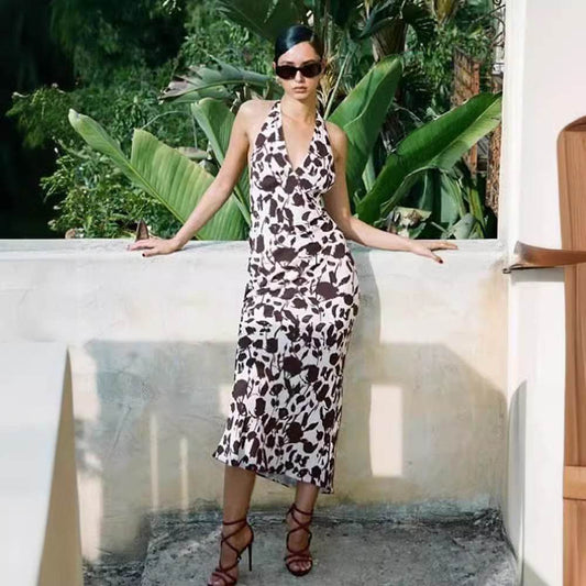 French Vest Printed Midi Floral Summer New Elegant Backless V-neck Halter Dress - www.Shopthatapp.com