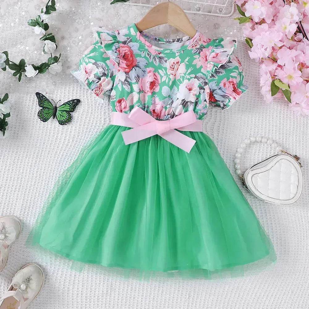 Girls Puff Sleeve Flower Printed Mesh Dress Baby girl dress gown - www.Shopthatapp.com