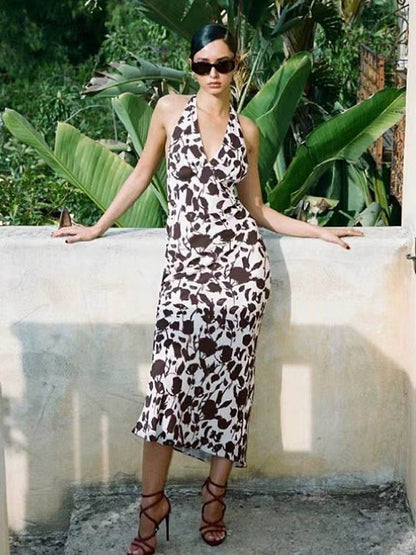 French Vest Printed Midi Floral Summer New Elegant Backless V-neck Halter Dress - www.Shopthatapp.com