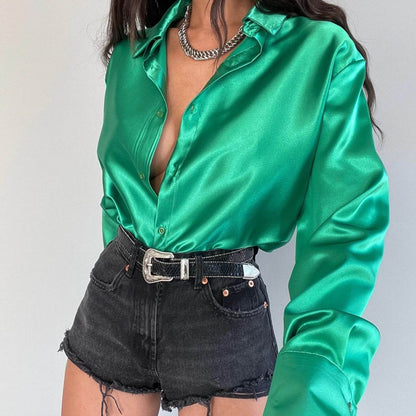 Single-breasted Long Sleeve Lapel Satin Blouse Shirt for work business office - www.Shopthatapp.com