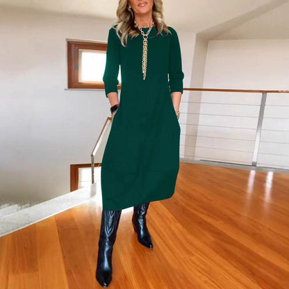 Autumn And Winter New All-matching Solid Color Loose Round-neck Long-sleeved Dress Women - www.Shopthatapp.com