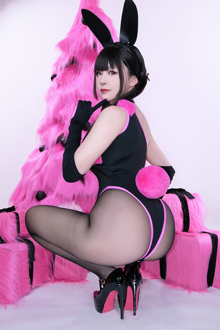 Anime Strawberry Ice Cream Style Bunny Girl Knitted Black Pink Bodysuit Lingerie Set