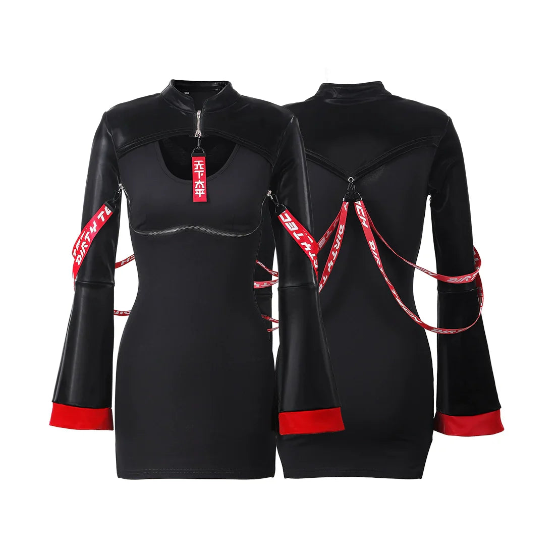 Anime Style Black and White Witch Spandex PU Leather Short Dress with Bust Zipper - www.Shopthatapp.com