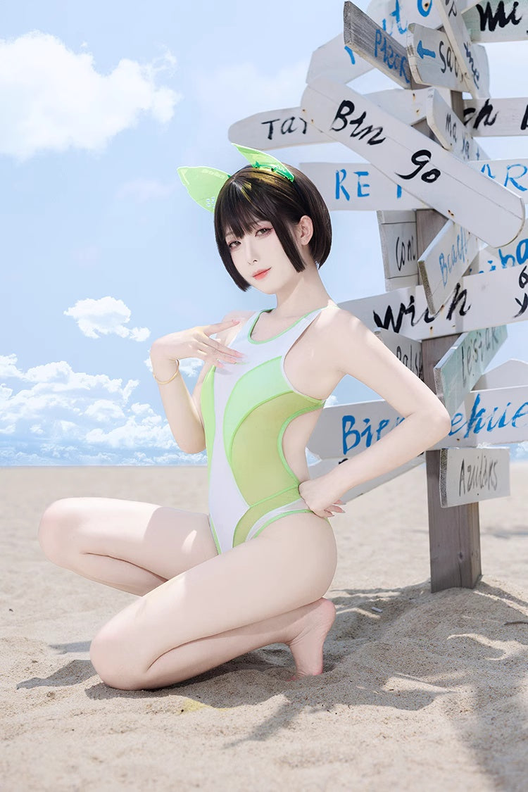 Anime Style One-piece Sexy Racing Swimsuit with Mesh Sheer Dual-color Design - www.Shopthatapp.com