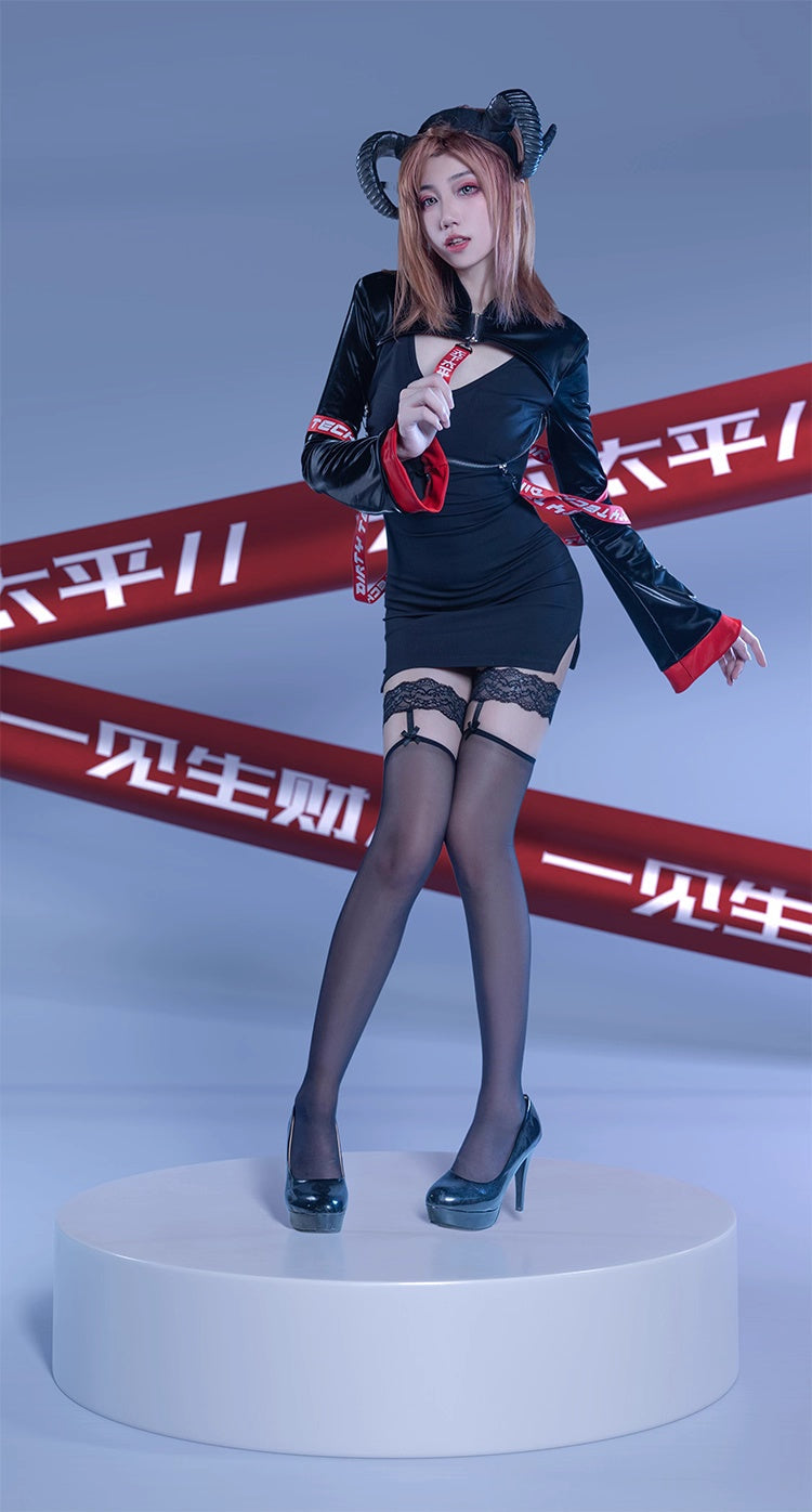 Anime Style Black and White Witch Spandex PU Leather Short Dress with Bust Zipper - www.Shopthatapp.com