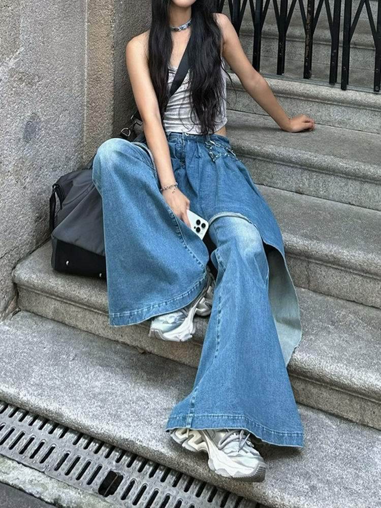 False two piece Denim Skirt High waist Fake 2 piece Skirt jeans pant - www.Shopthatapp.com